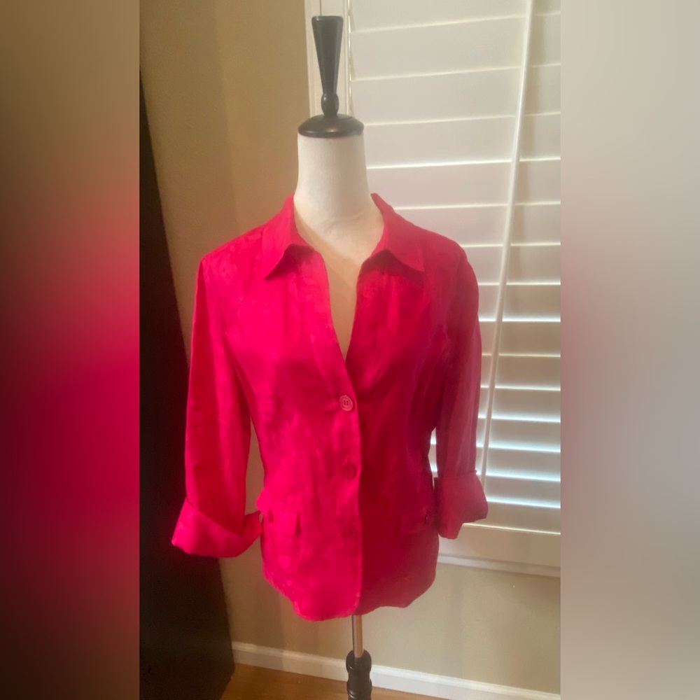 Dressy Shirt or wear open like a jacket. Excellent condition. Dark pink color.